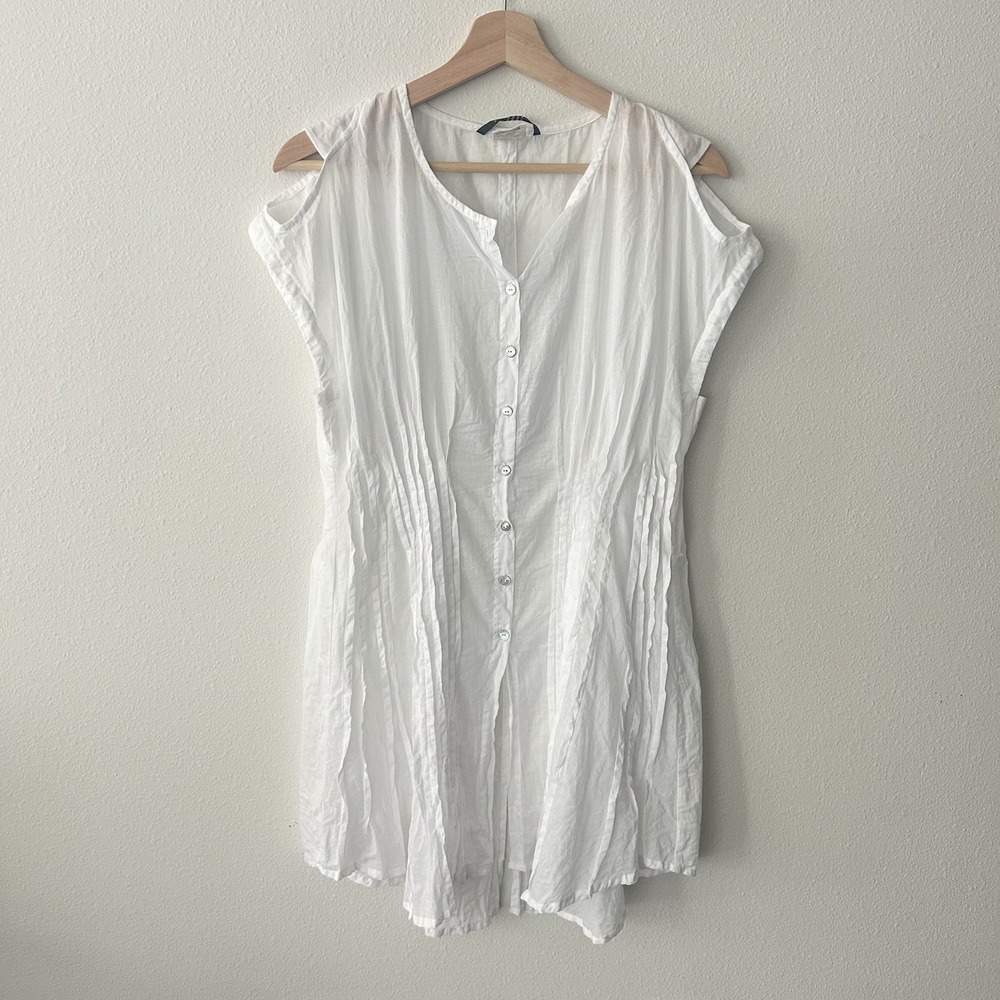 Animale by Jacques Ruc White Cotton Gauze Mini Dress Tunic Semi Sheer Pleated